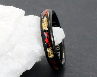 Red Opal Ring: Black Tungsten Band with Red Opal and Gold Foil Inlay, Custom Engraving, 4mm or 8mm Band Width, Size 5-13