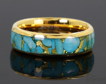 Custom Gold Turquoise Ring, Personalized Tungsten Band, Unique Gold Foil Turquoise Inlay Promise Ring, Delicate Stacking Wedding Ring