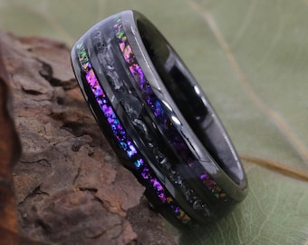 Custom Tungsten Ring for Men, Personalized Black Wedding Band, 8mm Galaxy Orion Nebula Ring Crushed Opal Inlay, Cosmic Design Ring for Him