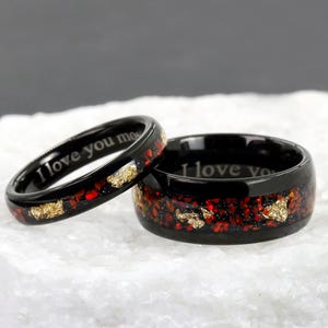 Custom Couples Rings, Matching Red Opal Rings Set for Couple, His and Hers Rings, Personalized Promise Rings, Black Tungsten Ring