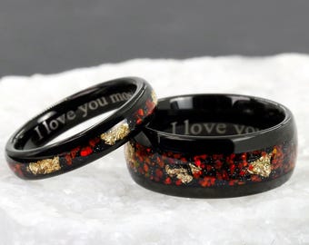 Spersonalizowane pierścionki dla par, pasujące czerwone pierścionki z opalem dla par, pierścionki dla niego i dla niej, spersonalizowane pierścionki zaręczynowe, czarny pierścionek z wolframu
