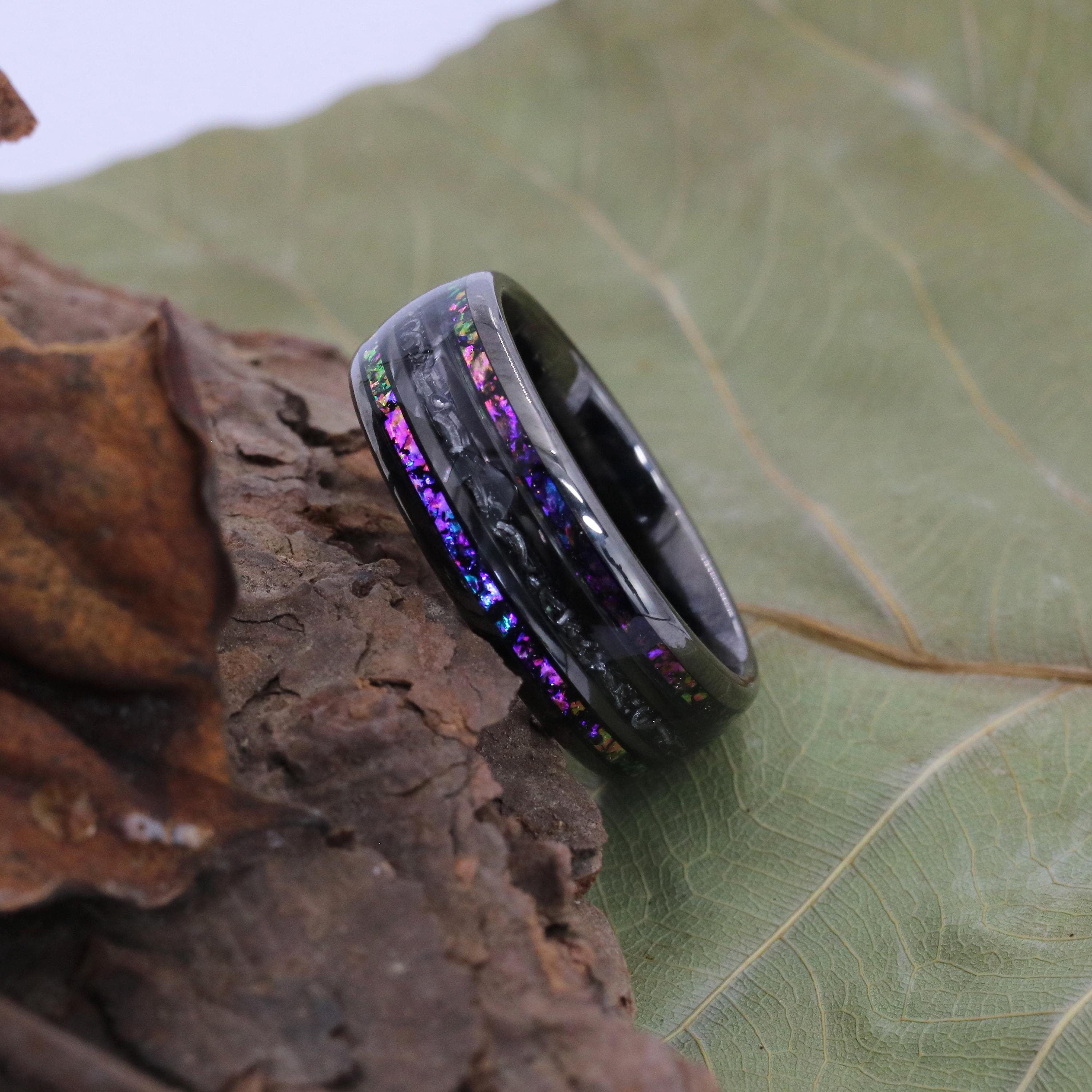 Custom Tungsten Ring for Men, Personalized Black Wedding Band, 8mm Galaxy Orion Nebula Ring Crushed Opal Inlay, Cosmic Design Ring for Him
