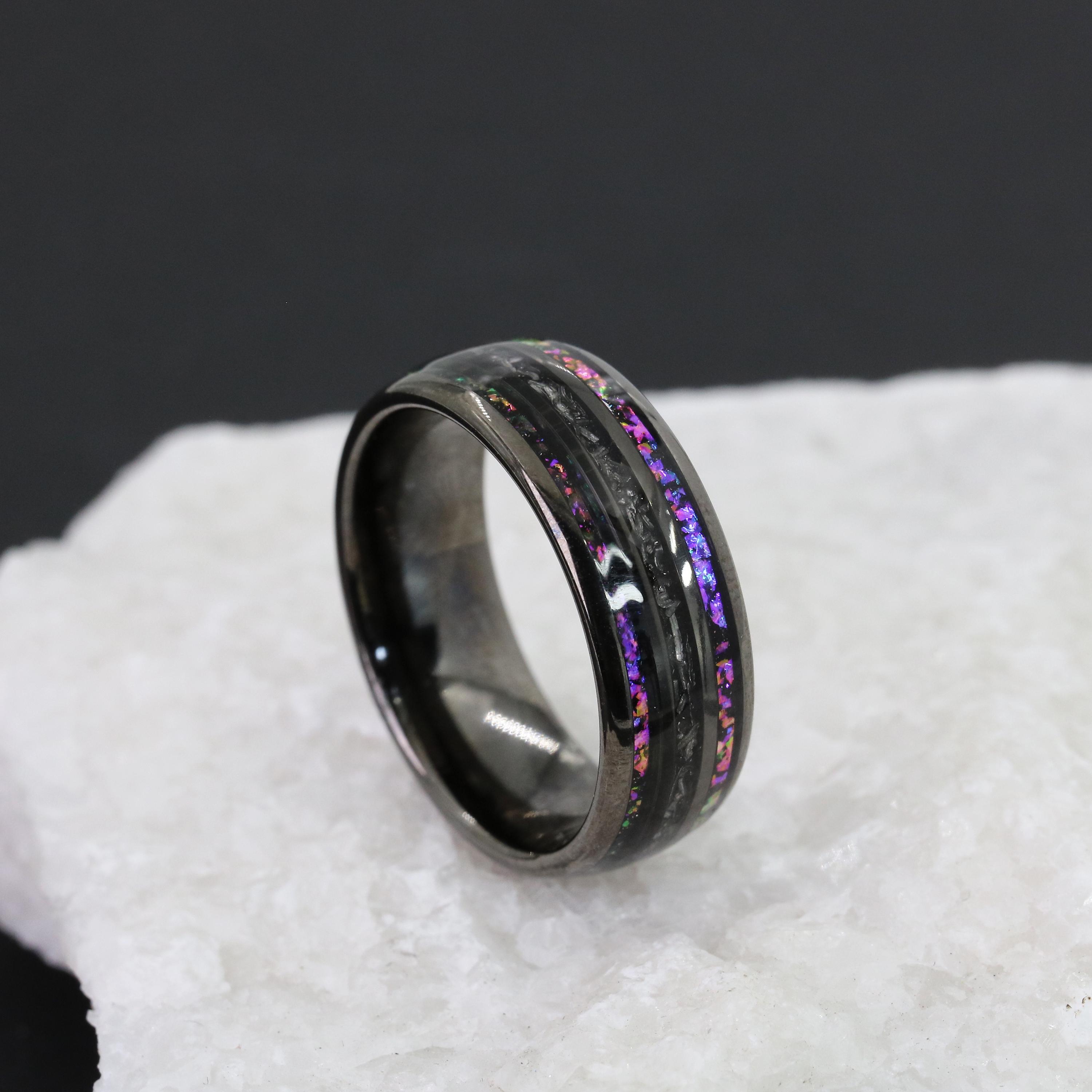 Custom Tungsten Ring for Men, Personalized Black Wedding Band, 8mm Galaxy Orion Nebula Ring Crushed Opal Inlay, Cosmic Design Ring for Him