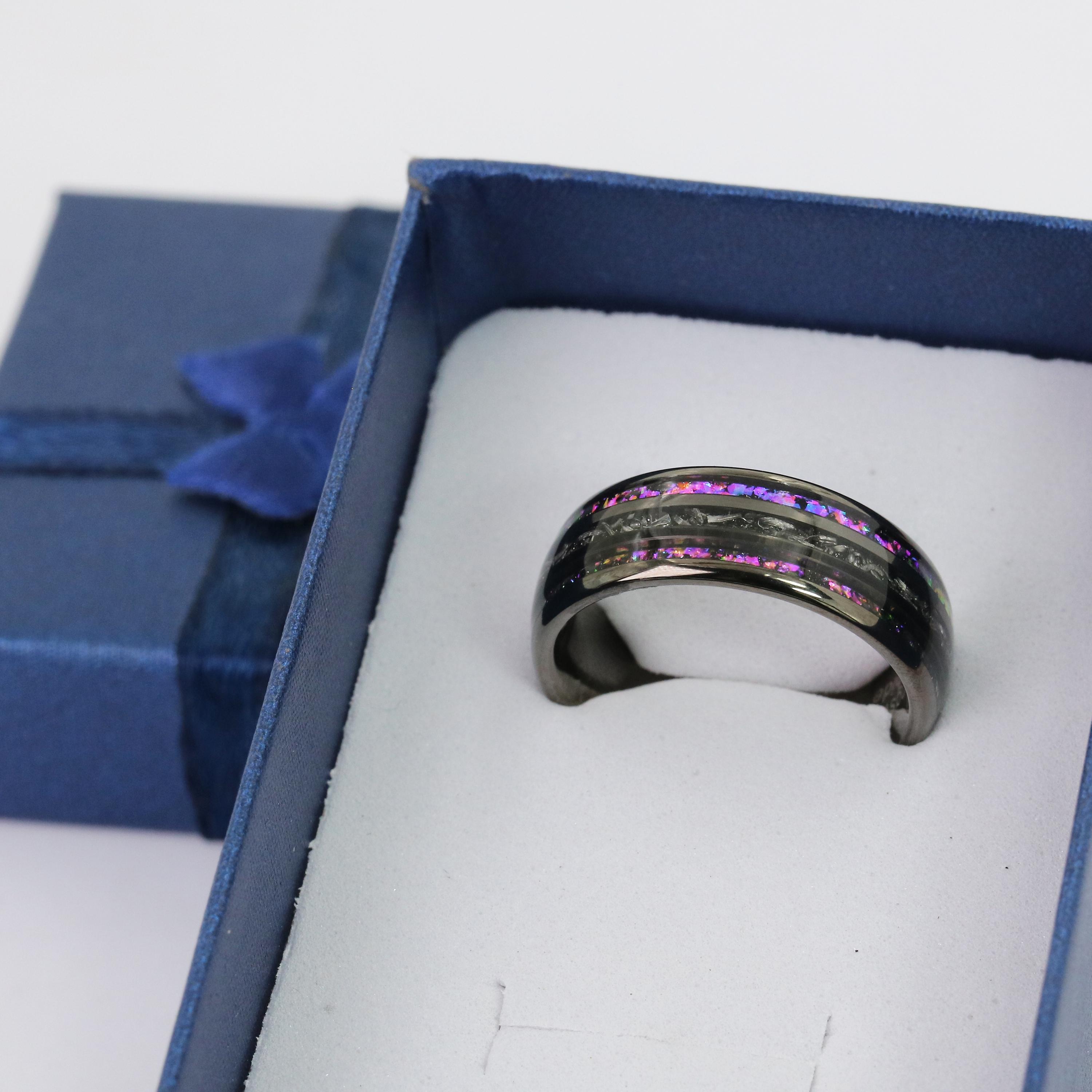 Custom Tungsten Ring for Men, Personalized Black Wedding Band, 8mm Galaxy Orion Nebula Ring Crushed Opal Inlay, Cosmic Design Ring for Him