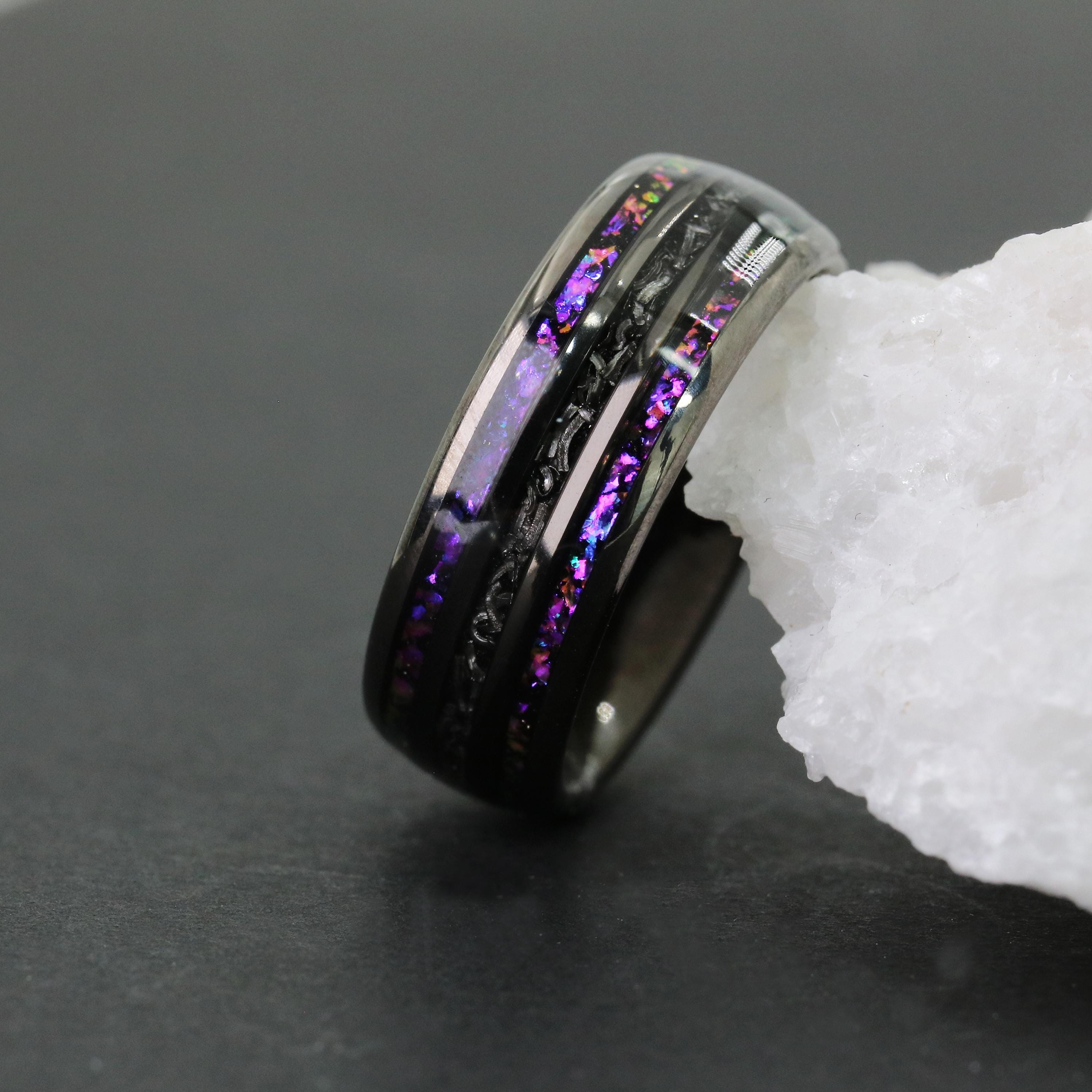 Custom Tungsten Ring for Men, Personalized Black Wedding Band, 8mm Galaxy Orion Nebula Ring Crushed Opal Inlay, Cosmic Design Ring for Him