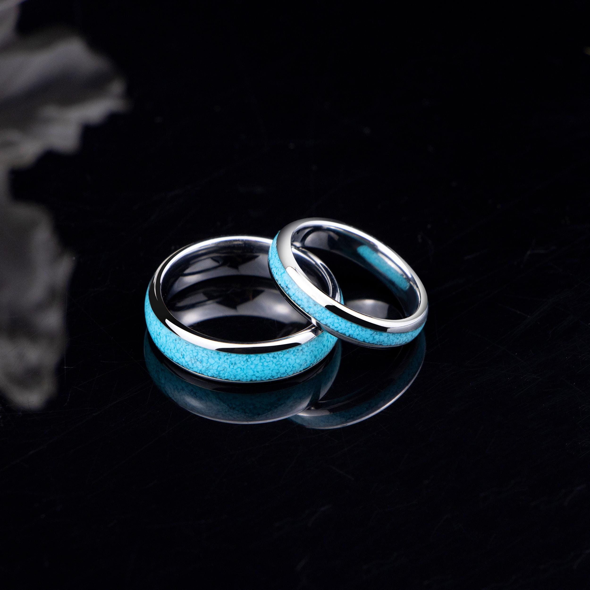 Custom Turquoise Ring, Personalized Matching Tungsten Band, Unique Crushed Turquoise Promise Ring for Couple, Delicate Stacking Wedding Ring