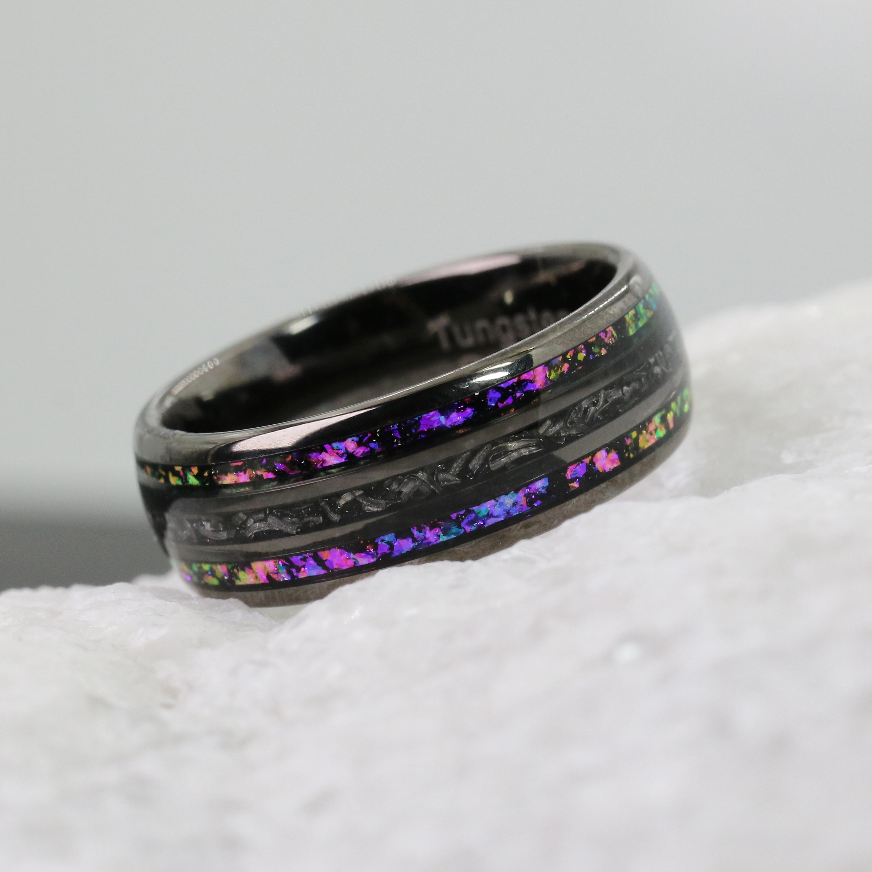 Custom Tungsten Ring for Men, Personalized Black Wedding Band, 8mm Galaxy Orion Nebula Ring Crushed Opal Inlay, Cosmic Design Ring for Him