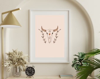 Western Digital Print| Boho Print| Cowgirl| Neutral Colors| Longhorn Skull|