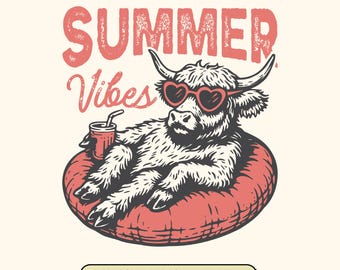 SVG Vintage de Vaca das Terras Altas para o Verão: Design para Camiseta de Praia (Download Digital, 4 Versões Inclusas)