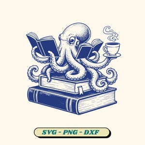 Könnte beinhalten: Eine blau-weiße Illustration eines Oktopus, der Bücher liest und eine Tasse Kaffee hält. Der Oktopus sitzt auf einem Stapel Bücher, mit zwei Büchern, die in seinen Tentakeln geöffnet sind. Das Bild enthält den Text "SVG - PNG - DXF".