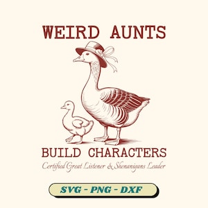 May include: An illustration shows a goose wearing a hat, with a smaller duckling. The text reads "WEIRD AUNTS BUILD CHARACTERS" with additional text below. The image is in shades of brown and cream, with a banner at the bottom. The image is suitable for printing.