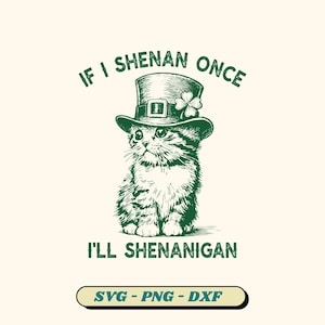 May include: A green and white illustration of a kitten wearing a green top hat with a shamrock. The text above the kitten reads "IF I SHENAN ONCE" and below the kitten reads "I'LL SHENANIGAN". Below the text is a banner that reads "SVG - PNG - DXF".