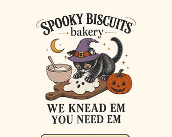 Spooky Biscuit Bakery SVG: Black Cat Making Biscuits, Funny Halloween Baker, Vintage Baking Pumpkin Digital Download