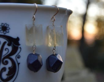 Rutilated Quartz and Blue Goldstone Earrings