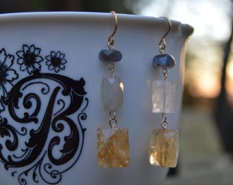 Three Tier Earrings with Labradorite and Quartz