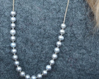 Long Dainty Necklace with Silver Grey Freshwater Pearls and Tiny Gold Seed Beads