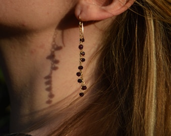 On the Vine Earrings: Faceted Garnets wire-wrapped on 14 karat gold filled chain