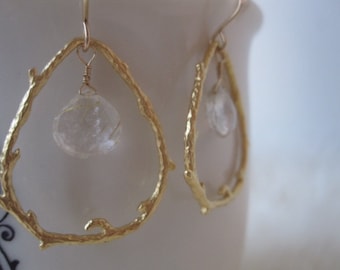 Enchanted Forest Earrings with Rutilated Quartz Droplet inside Golden Branch Teardrop