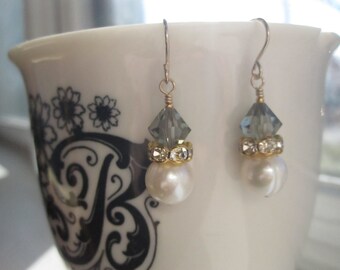 White Pearl, Crystal Spacer, and Grey Shadow Crystal Earrings