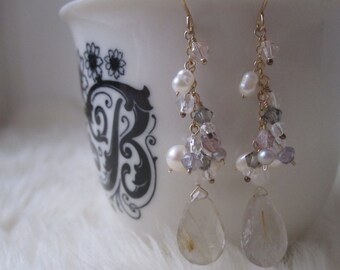 Marquise Waterfall Earrings: Freshwater Pearls, Swarovski Crystal, and Czech Crystal dangled on Gold Filled Chain