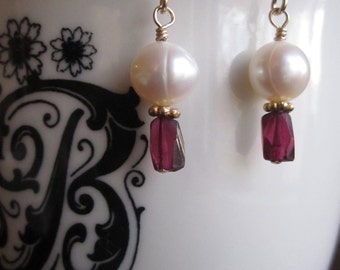 Garnet, Pearl, and Gold Earrings