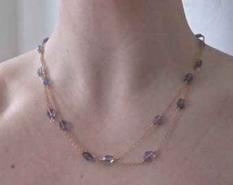 Long Iolite and Gold Chain Wire-wrapped Necklace