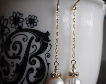 Gooseberry Earrings: White Freshwater Pearl and Crystal Drops on Thin Chain