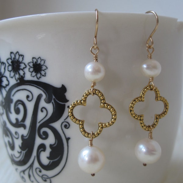 Pearl and Gold Quatrefoil Earrings