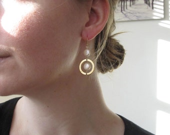 Coin Pearl Hanging within Gold Ring Earrings