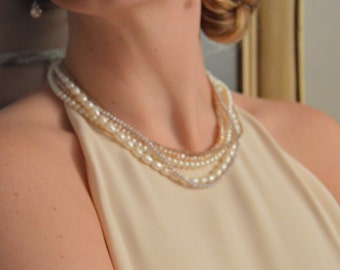 Snowfall Necklace: Multi-strand Freshwater Pearl Necklace with Crystals