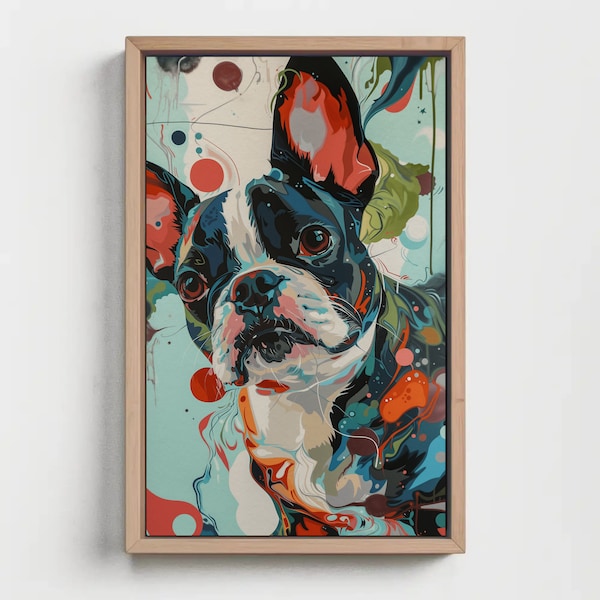 Abstract art painting of a cute Boston Terrier, Gift For Pet Owners And Dog Lovers, Downloadable Print, Portrait, Canine, Psychedelic, Pooch