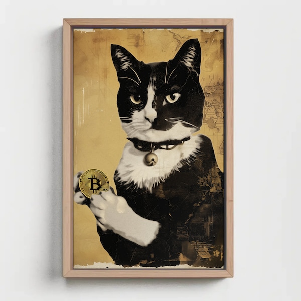 A black and white cat holding Bitcoin, Vintage portrait, Style Banksy art, Downloadable Print, Gift For Animal & Bitcoin cryptocurrency fans