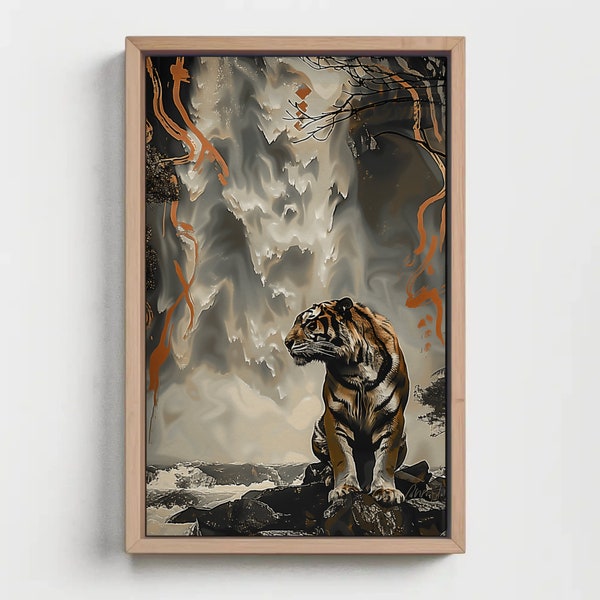A tiger stands on the rocks, Surrounded by waterfalls, Abstract, Digital Download, Asian mythology, Dreamy background, Majestic and powerful