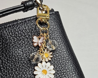 Daisy Purse Charm Keychain White Flower Bag Charm Accessory Butterfly Charm Gift For Her