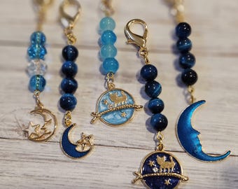 Blue Moon Keychain - Beaded Keychains with Moon-Themed Charm Beaded Bag Charm Boho Keychain