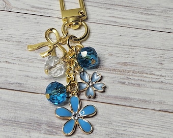 Bow Purse Charm Keychain Blue Flower Bag Accessory Gift For Her