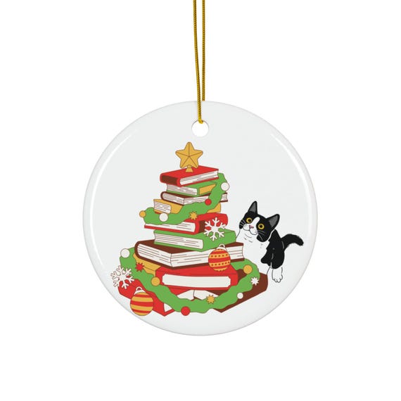 Adornos de cerámica, gato de esmoquin con árbol de Navidad hecho