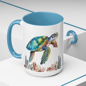 Watercolor Sea Turtle Accent Coffee Mug, Unique Sea Creature Cup, Nautical Drinkware, Gift for Ocean Lovers, Coastal Home Decor