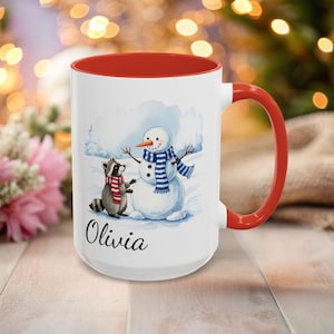 Winter Racoon & Snowman Coffee Mug, Holiday Gift, Cute Animal Drinkware, Hot Cocoa Mug, Christmas Kitchen Decor, Cozy Winter Vibes