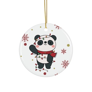 Christmas Panda Ceramic Ornament, Round Holiday Ornament, Cute Animal Xmas Decor, Tree Bauble, Festive Gift, Ornamental Hanging Decoration