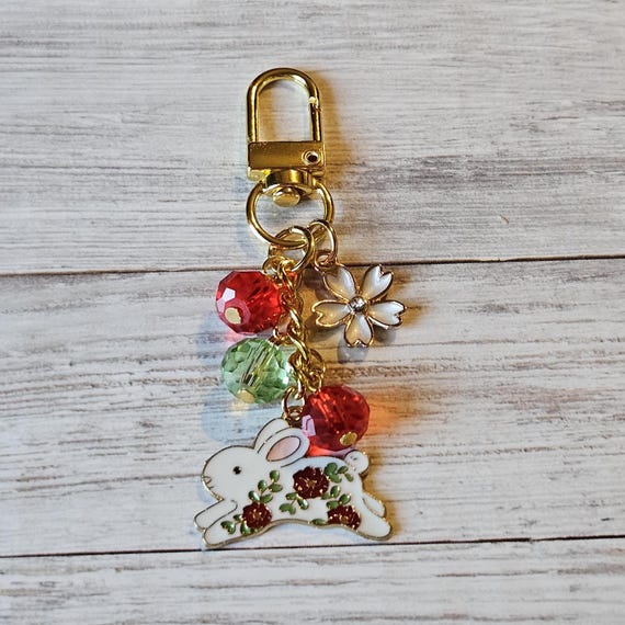 Rabbit Bag Charm, Floral White Rabbit Purse Charm, Cute Animal Keychain Accessory Gift for Her