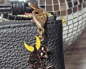 Badge Reel Charm, Black Cat Badge Charm Accessory, Moon Planner Charm