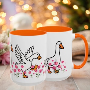 Playful Goose Accent Mug - Cute Coffee Cup, Floral Design, Gifts for Bird Lovers, Spring Decor, Fun Kitchen Accessories