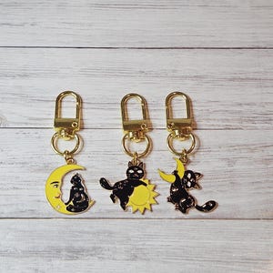 Gift Set - Bag Charm Set, Black Cat Bag Charm Purse Accessory, Celestial Cat Zipper Pull Planner Charm Set of 3