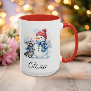 Winter Racoon & Snowman Coffee Mug, Holiday Gift, Cute Animal Drinkware, Hot Cocoa Mug, Christmas Kitchen Decor, Cozy Winter Vibes