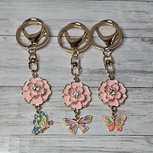 Pink Butterfly Bag Charm, Pink Flower Purse Purse Charm Keychain Accessory
