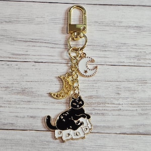 Cat Bag Charm, Mystical Black Cat Purse Charm, Moon Charm Accessory