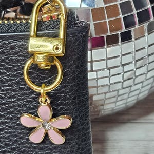 Flower Badge Charm Pink Floral Bag Charm Keychain Gift for Her