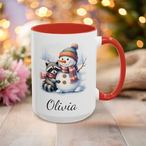 Winter Racoon & Snowman Coffee Mug, Holiday Gift, Cute Animal Drinkware, Hot Cocoa Mug, Christmas Kitchen Decor, Cozy Winter Vibes