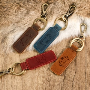Custom Keychain with Dog Ears, Personalized Leather Keychain, Dog Tags, Engraved Dog Name Keychain, Dog Owner Gift